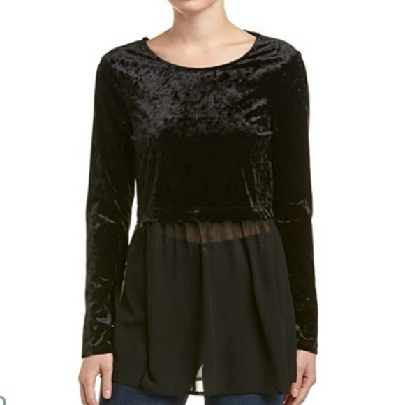 NWT BCBG | BCBGENERATION BLACK VELVET CONTRAST HEM SHEER BLOUSE WOMEN'S XXS - Picture 1 of 11
